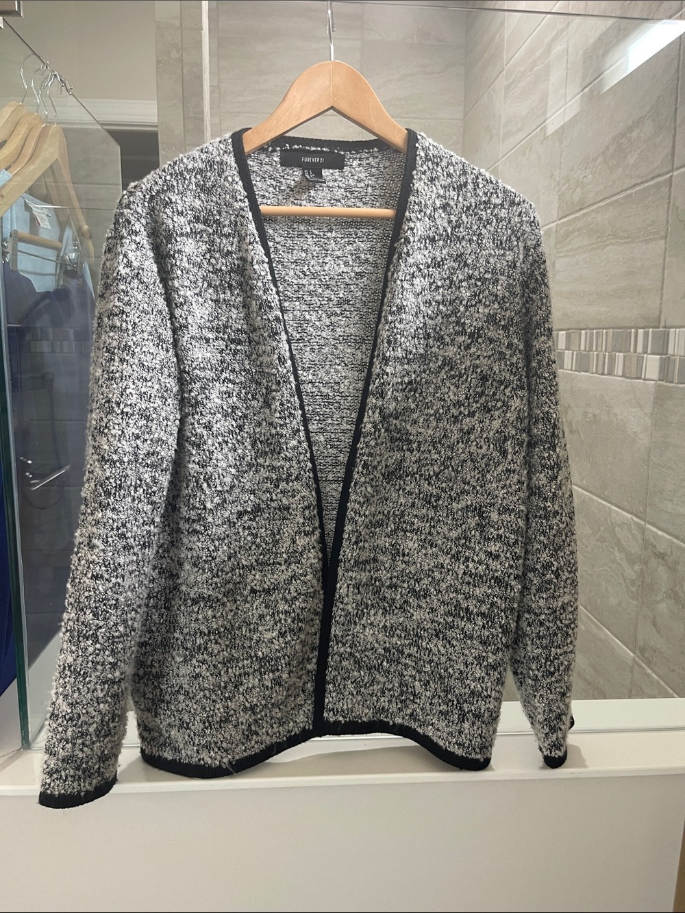 Forever 21 Black and White Marled Open Cardigan with Black Trim